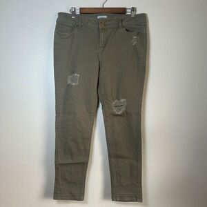 New York & Company Skinny Pants Womens 12 Olive Green Distressed Ripped Mid Rise